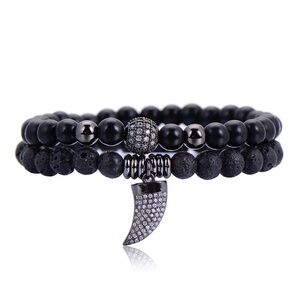Black Beaded Bracelet Set – Lava Rock & Crystal Claw Charm - Giftable